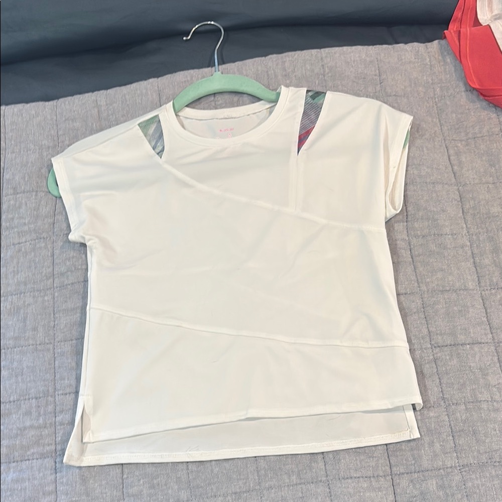Lucky in Love White Tee with Colorful Shoulder Details